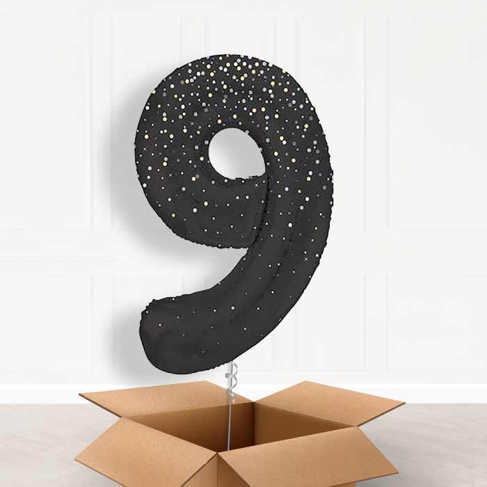 Black and Silver Dots Number 9 Balloon in a Box - Giant Number | Small Indoor Plants