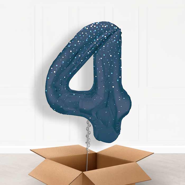 Navy Blue Dots Number 4 Balloon in a Box - Giant Number | Small Indoor Plants