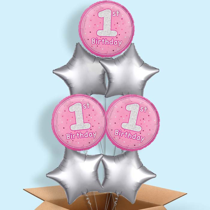 Pink and Silver 1st Birthday Foil Balloon in a Box - 7 Balloon | Small Indoor Plants