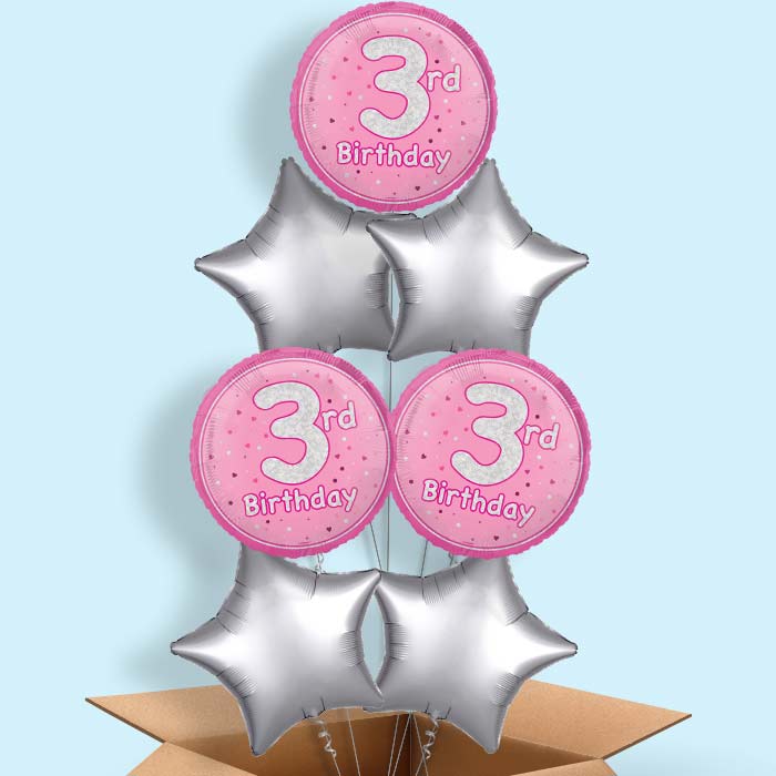 Pink and Silver 3rd Birthday Foil Balloon in a Box - 7 Balloon | Small Indoor Plants