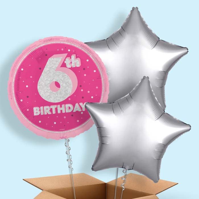 Hot Pink and Silver 6th Birthday Foil Balloon in a Box - 3 Balloon | Small Indoor Plants