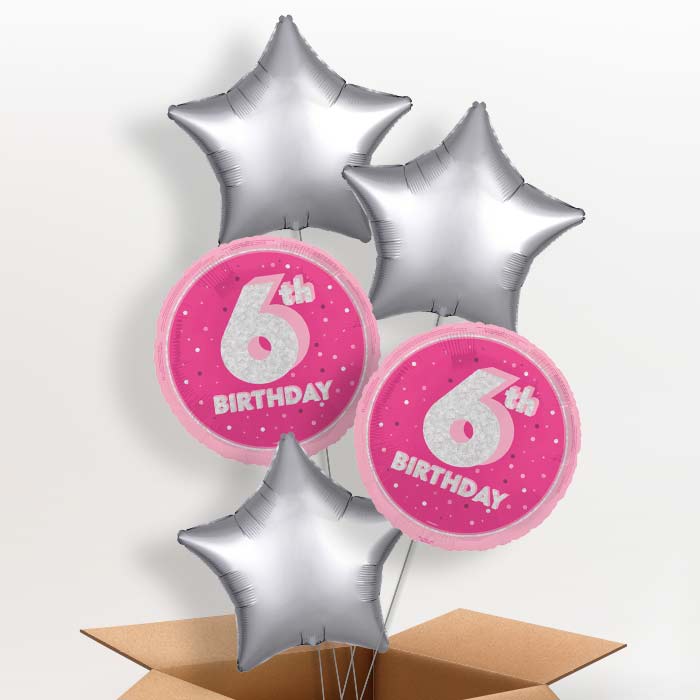 Hot Pink and Silver 6th Birthday Foil Balloon in a Box - 5 Balloon | Small Indoor Plants