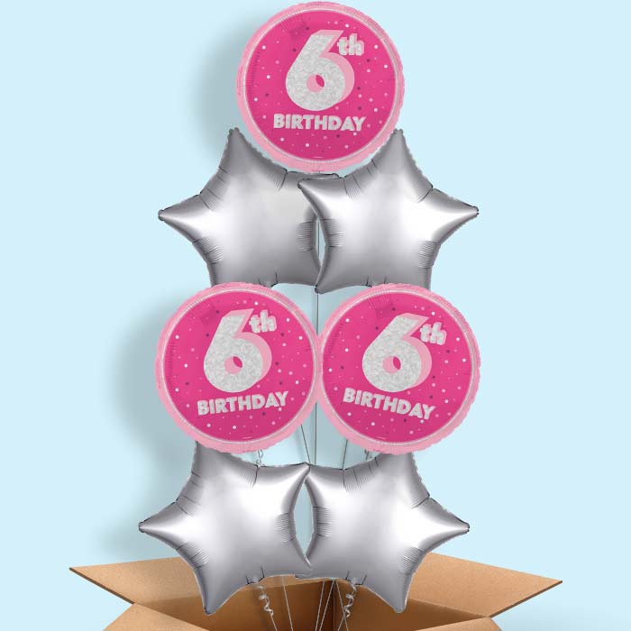 Hot Pink and Silver 6th Birthday Foil Balloon in a Box - 7 Balloon | Small Indoor Plants