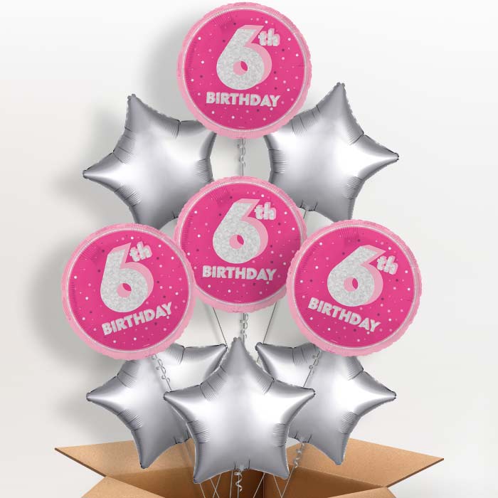 Hot Pink and Silver 6th Birthday Foil Balloon in a Box - 9 Balloon | Small Indoor Plants
