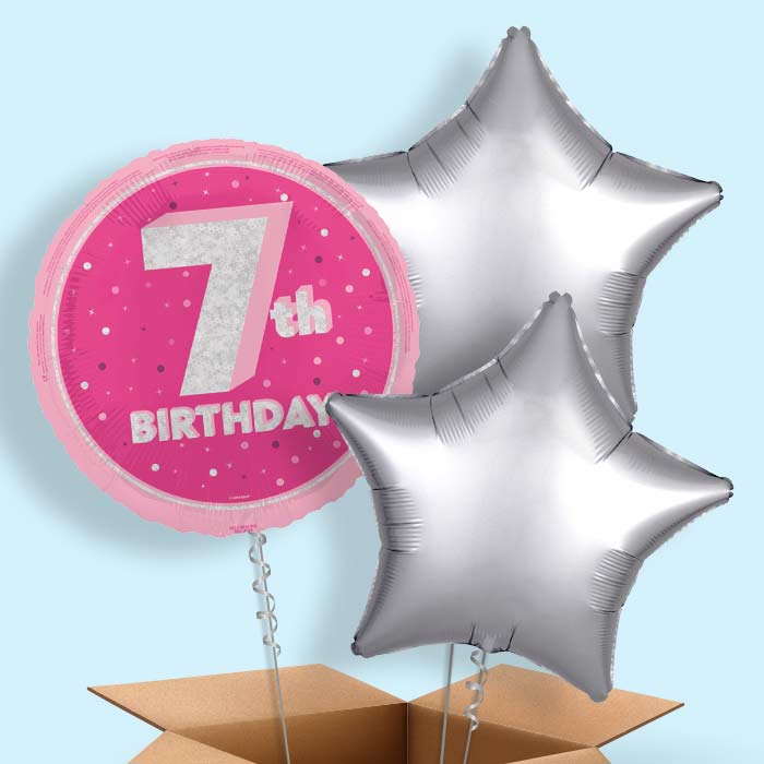 Hot Pink and Silver 7th Birthday Foil Balloon in a Box - 3 Balloon | Small Indoor Plants