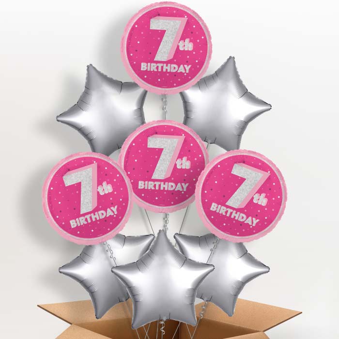 Hot Pink and Silver 7th Birthday Foil Balloon in a Box - 9 Balloon | Small Indoor Plants