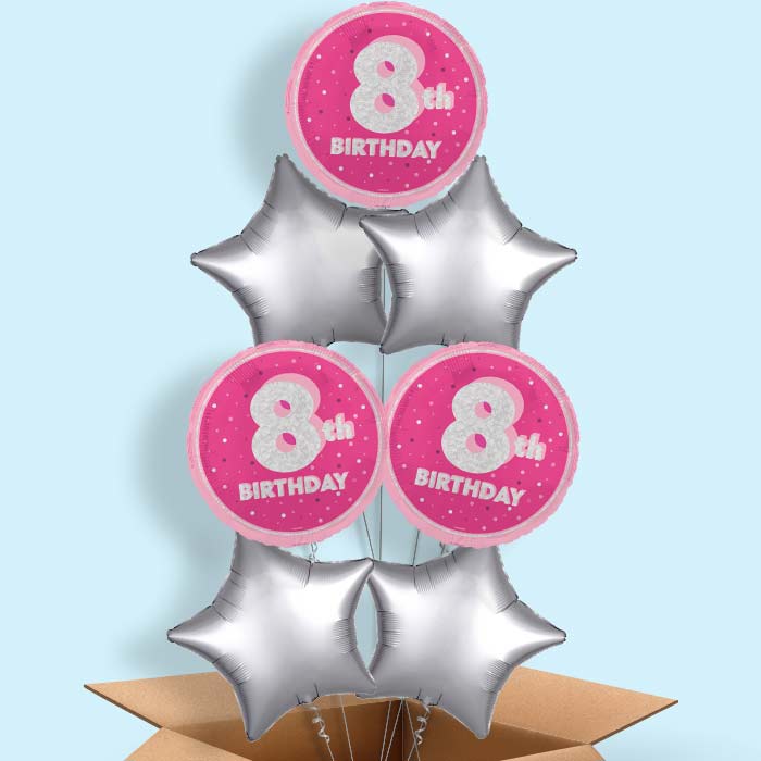 Hot Pink and Silver 8th Birthday Foil Balloon in a Box - 7 Balloon | Small Indoor Plants