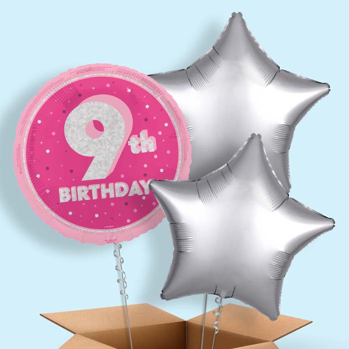 Hot Pink and Silver 9th Birthday Foil Balloon in a Box - 3 Balloon | Small Indoor Plants