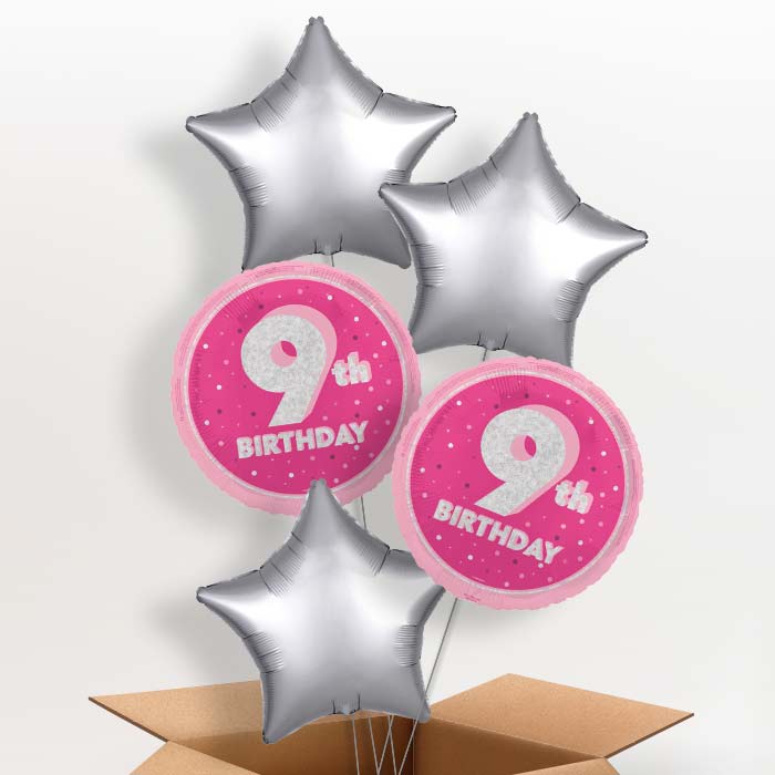 Hot Pink and Silver 9th Birthday Foil Balloon in a Box - 5 Balloon | Small Indoor Plants