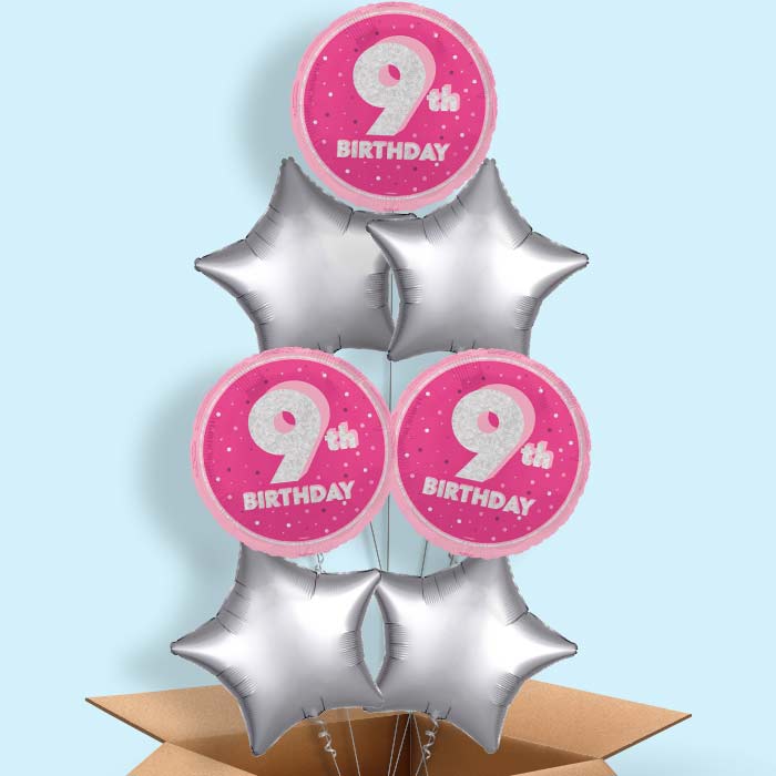 Hot Pink and Silver 9th Birthday Foil Balloon in a Box - 7 Balloon | Small Indoor Plants