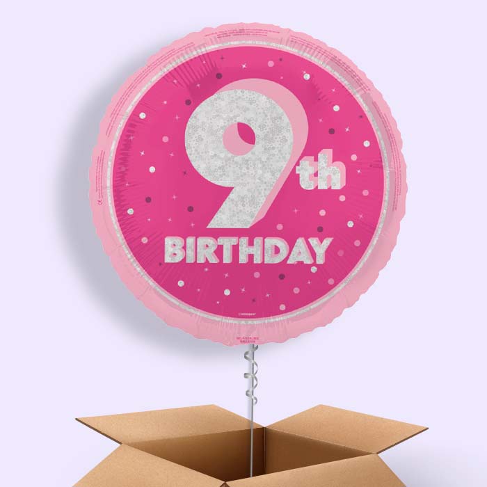 Hot Pink and Silver 9th Birthday Foil Balloon in a Box - 1 Balloon | Small Indoor Plants
