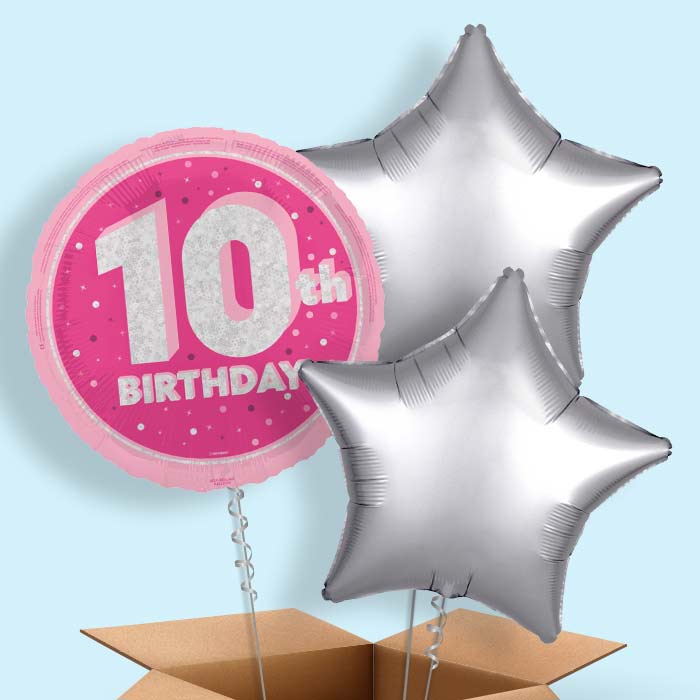 Hot Pink and Silver 10th Birthday Foil Balloon in a Box - 3 Balloon | Small Indoor Plants