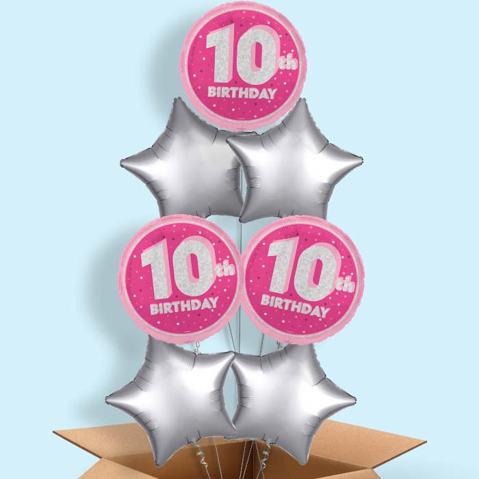 Hot Pink and Silver 10th Birthday Foil Balloon in a Box - 7 Balloon | Small Indoor Plants