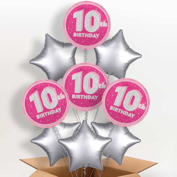 Hot Pink and Silver 10th Birthday Foil Balloon in a Box - 9 Balloon | Small Indoor Plants
