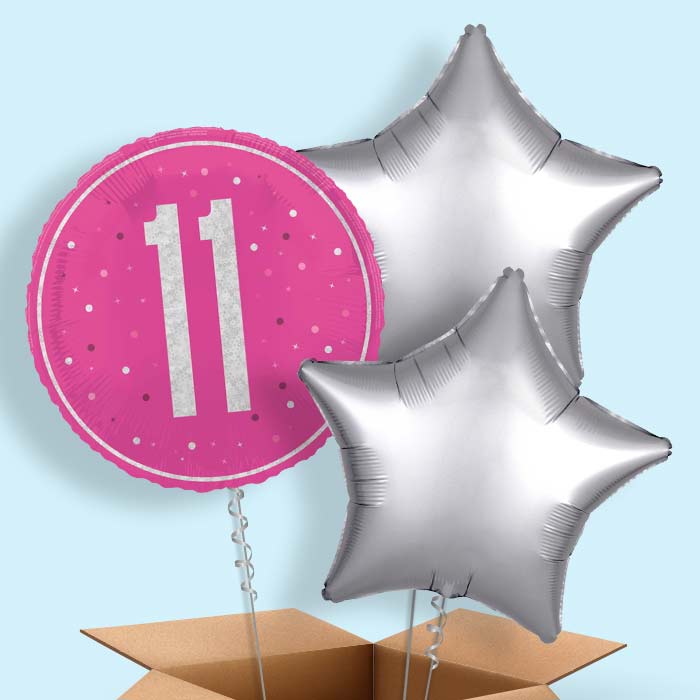 Hot Pink and Silver 11th Birthday Foil Balloon in a Box - 3 Balloon | Small Indoor Plants