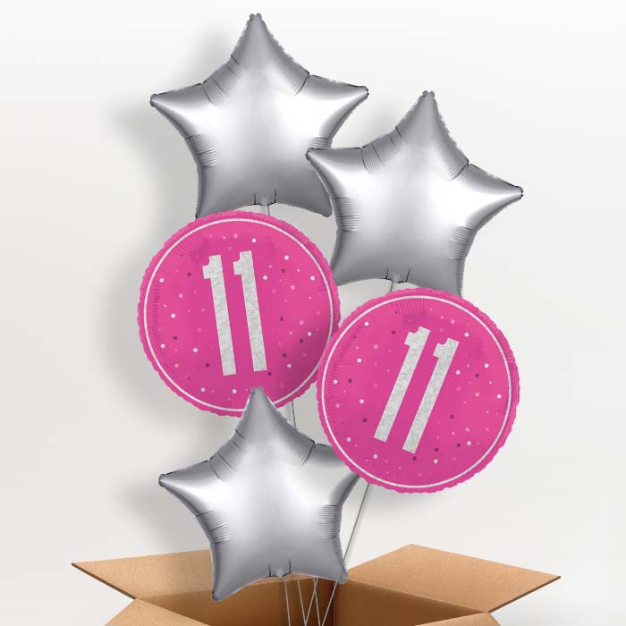 Hot Pink and Silver 11th Birthday Foil Balloon in a Box - 5 Balloon | Small Indoor Plants