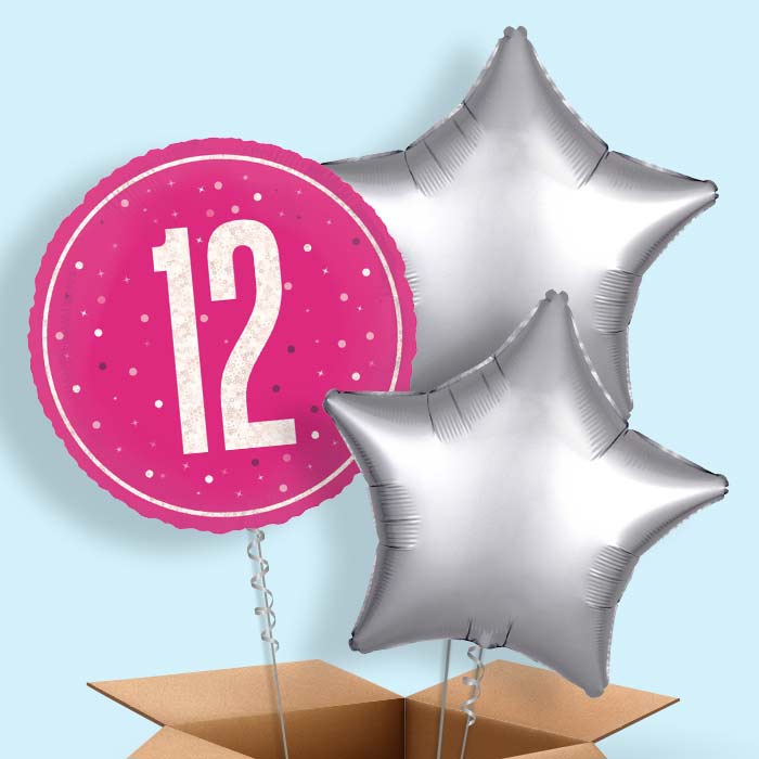 Hot Pink and Silver 12th Birthday Foil Balloon in a Box - 3 Balloon | Small Indoor Plants