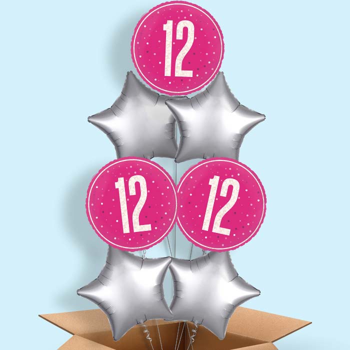 Hot Pink and Silver 12th Birthday Foil Balloon in a Box - 7 Balloon | Small Indoor Plants