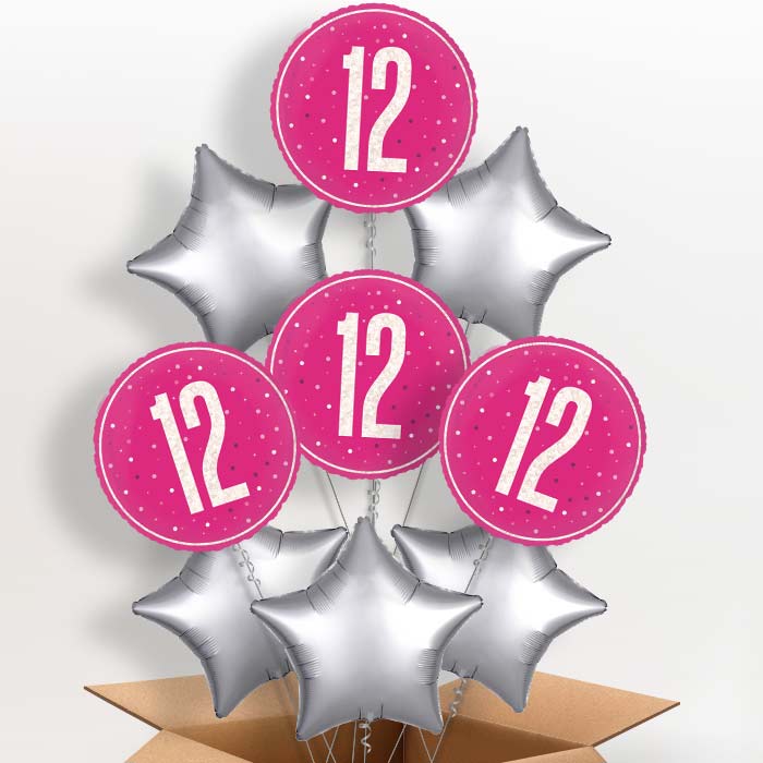 Hot Pink and Silver 12th Birthday Foil Balloon in a Box - 9 Balloon | Small Indoor Plants