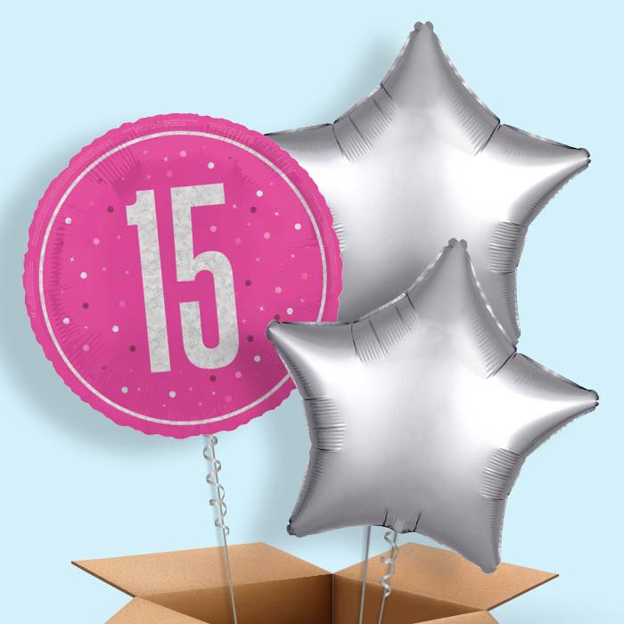Hot Pink and Silver 15th Birthday Foil Balloon in a Box - 3 Balloon | Small Indoor Plants
