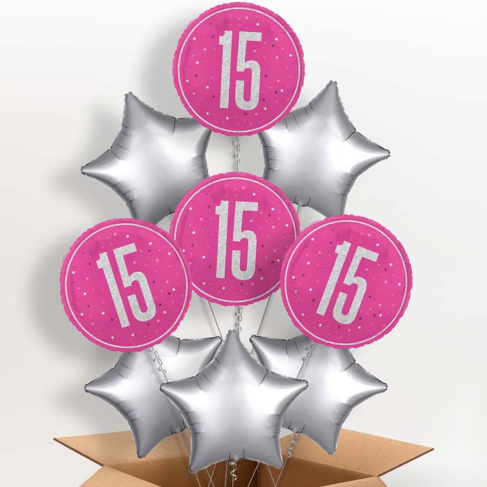 Hot Pink and Silver 15th Birthday Foil Balloon in a Box - 9 Balloon | Small Indoor Plants