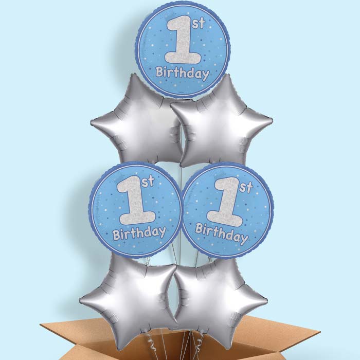 Blue and Silver 1st Birthday Foil Balloon in a Box - 7 Balloon | Small Indoor Plants