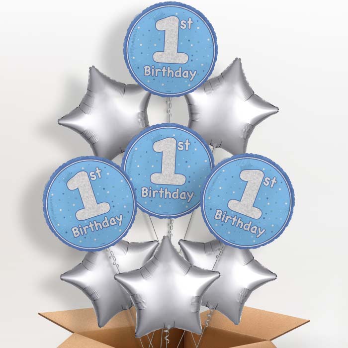 Blue and Silver 1st Birthday Foil Balloon in a Box - 9 Balloon | Small Indoor Plants