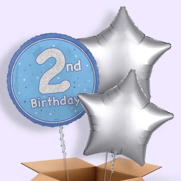 Blue and Silver 2nd Birthday Foil Balloon in a Box - 3 Balloon | Small Indoor Plants