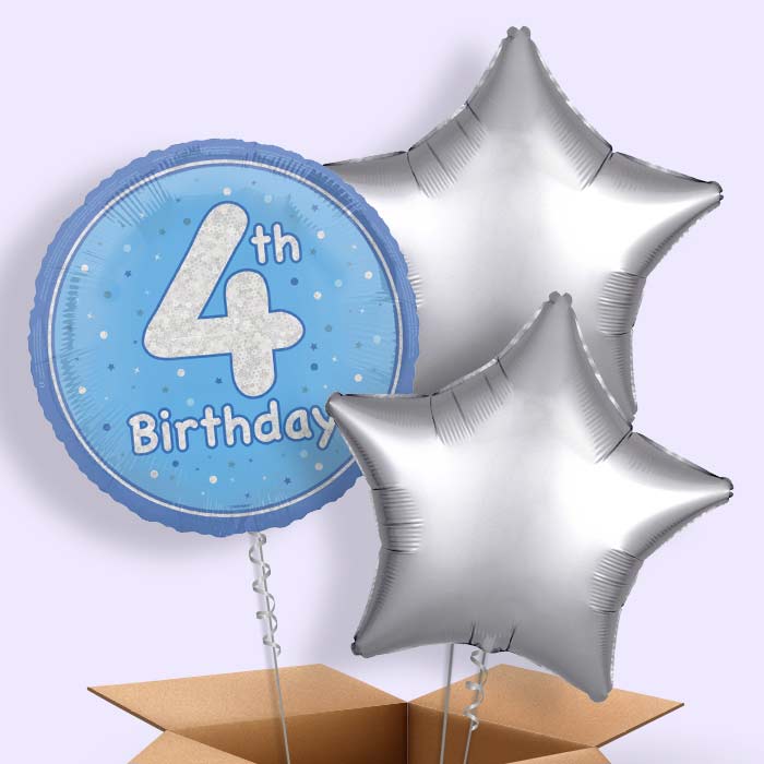 Blue and Silver 4th Birthday Foil Balloon in a Box - 3 Balloon | Small Indoor Plants