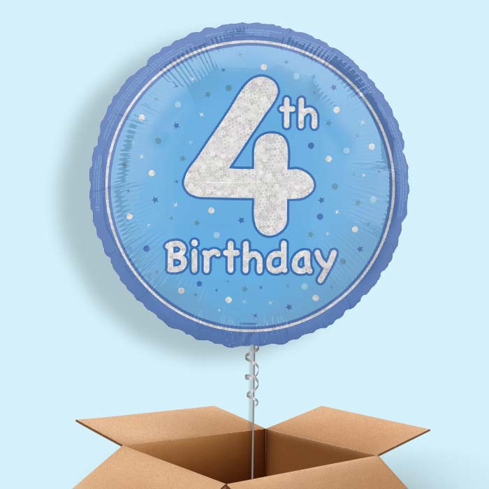 Blue and Silver 4th Birthday Foil Balloon in a Box - 1 Balloon | Small Indoor Plants