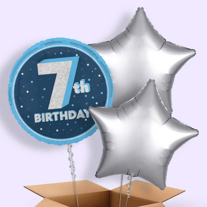 Navy Blue and Silver 7th Birthday Foil Balloon in a Box - 3 Balloon | Small Indoor Plants