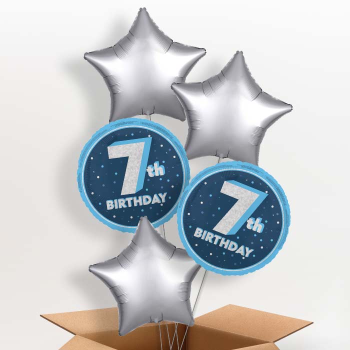 Navy Blue and Silver 7th Birthday Foil Balloon in a Box - 5 Balloon | Small Indoor Plants