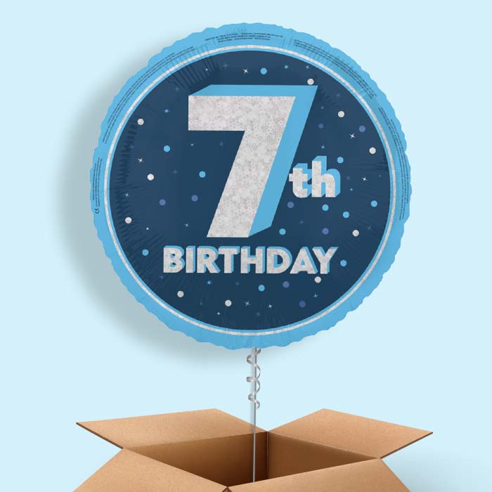 Navy Blue and Silver 7th Birthday Foil Balloon in a Box - 1 Balloon | Small Indoor Plants