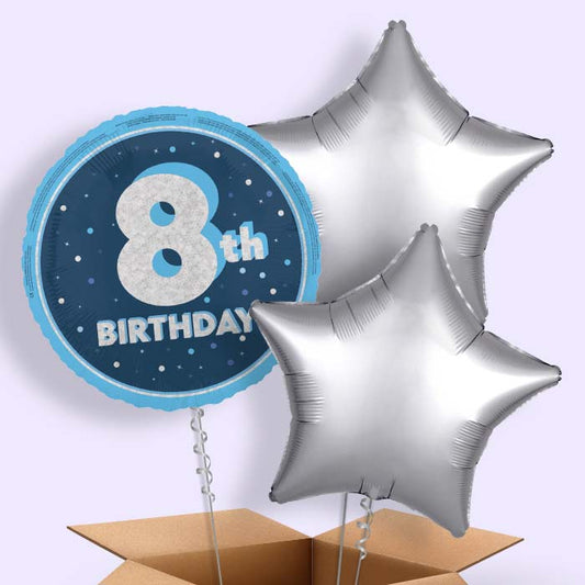 Navy Blue and Silver 8th Birthday Foil Balloon in a Box - 3 Balloon | Small Indoor Plants