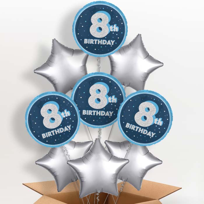 Navy Blue and Silver 8th Birthday Foil Balloon in a Box - 9 Balloon | Small Indoor Plants