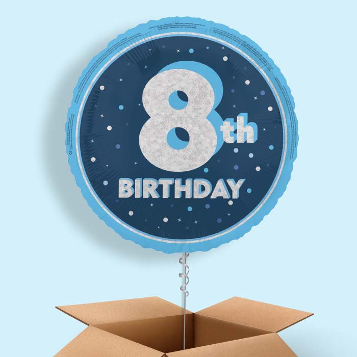 Navy Blue and Silver 8th Birthday Foil Balloon in a Box - 1 Balloon | Small Indoor Plants