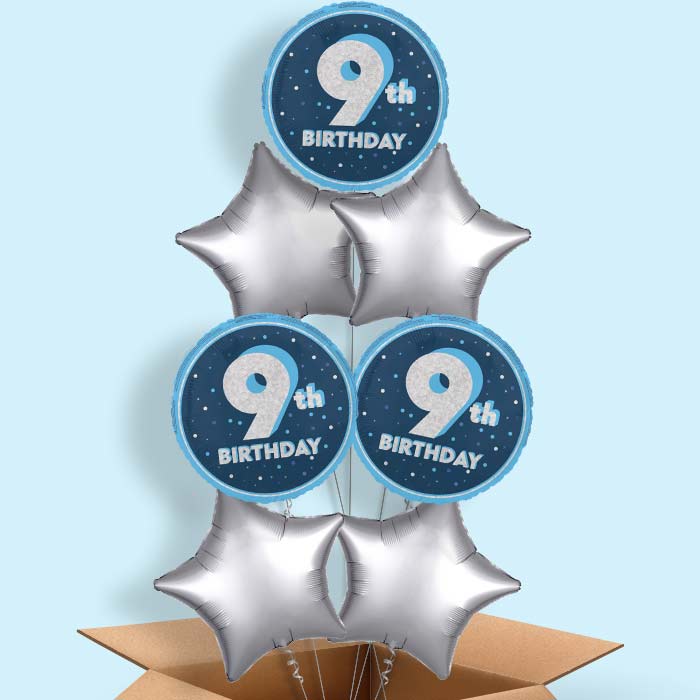 Navy Blue and Silver 9th Birthday Foil Balloon in a Box - 7 Balloon | Small Indoor Plants