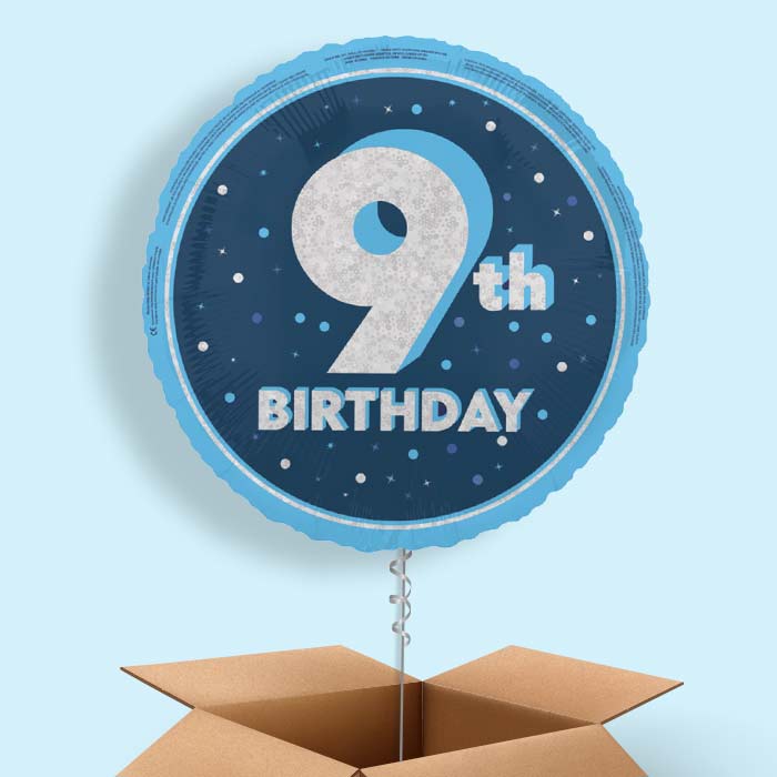 Navy Blue and Silver 9th Birthday Foil Balloon in a Box - 1 Balloon | Small Indoor Plants
