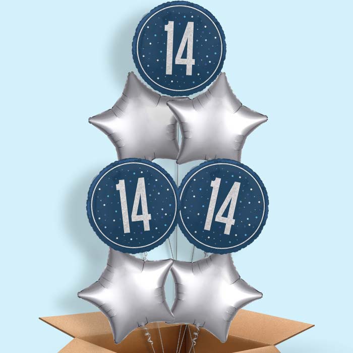 Navy Blue and Silver 14th Birthday Foil Balloon in a Box - 7 Balloon | Small Indoor Plants