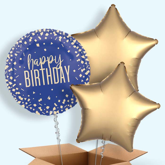 Navy Blue and Gold Confetti Happy Birthday Foil Balloon in a Box - 3 Balloon | Small Indoor Plants