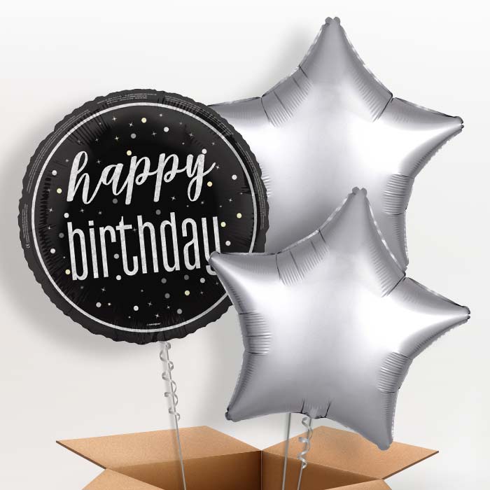 Black and Silver Happy Birthday Foil Balloon in a Box - 3 Balloon | Small Indoor Plants