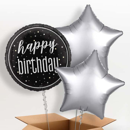 Black and Silver Happy Birthday Foil Balloon in a Box - 3 Balloon | Small Indoor Plants