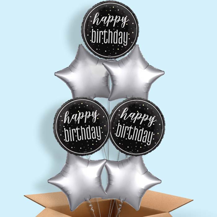 Black and Silver Happy Birthday Foil Balloon in a Box - 7 Balloon | Small Indoor Plants