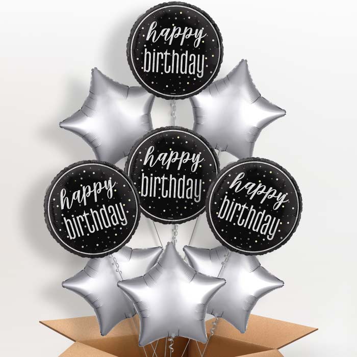 Black and Silver Happy Birthday Foil Balloon in a Box - 9 Balloon | Small Indoor Plants