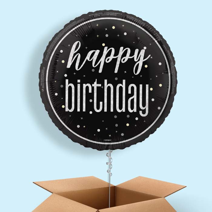 Black and Silver Happy Birthday Foil Balloon in a Box - 1 Balloon | Small Indoor Plants