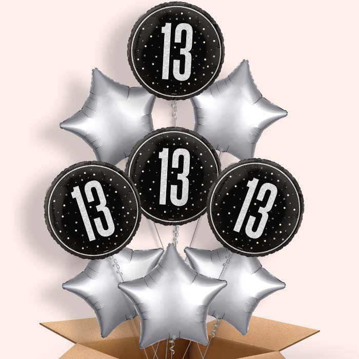 Black and Silver 13th Birthday Foil Balloon in a Box - 9 Balloon | Small Indoor Plants