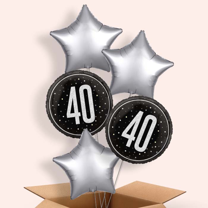 Black and Silver 40th Birthday Foil Balloon in a Box - 5 Balloon | Small Indoor Plants