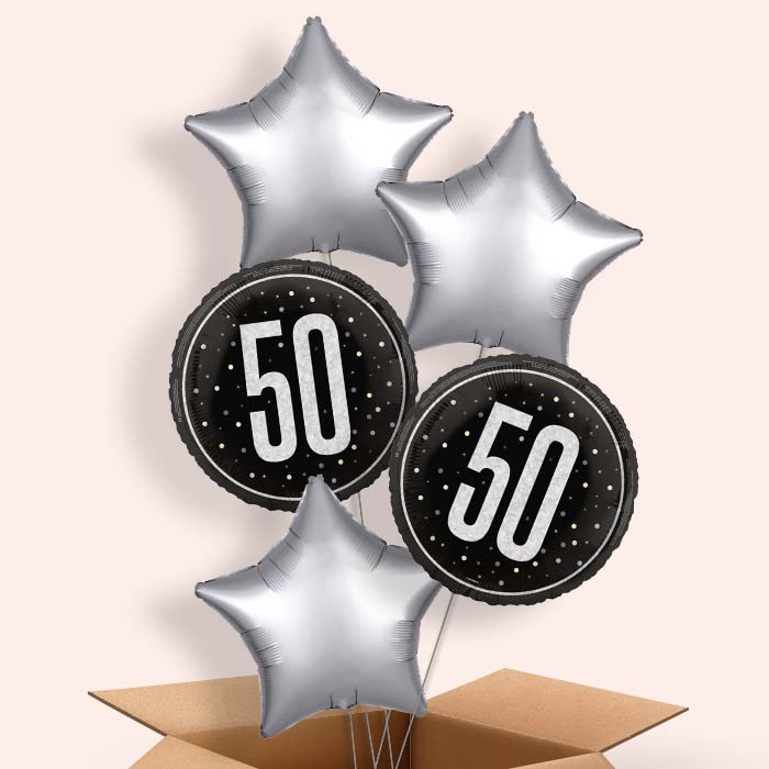 Black and Silver 50th Birthday Foil Balloon in a Box - 5 Balloon | Small Indoor Plants