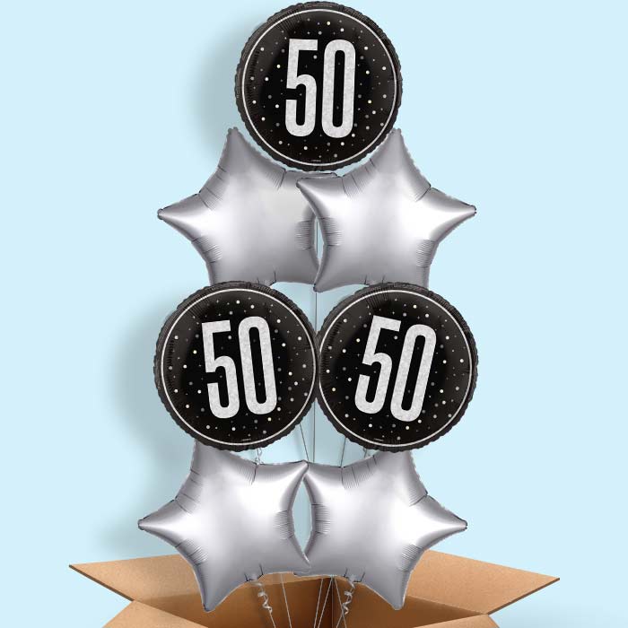 Black and Silver 50th Birthday Foil Balloon in a Box - 7 Balloon | Small Indoor Plants