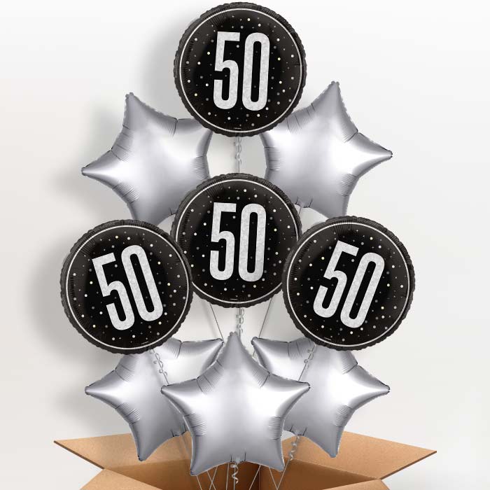Black and Silver 50th Birthday Foil Balloon in a Box - 9 Balloon | Small Indoor Plants
